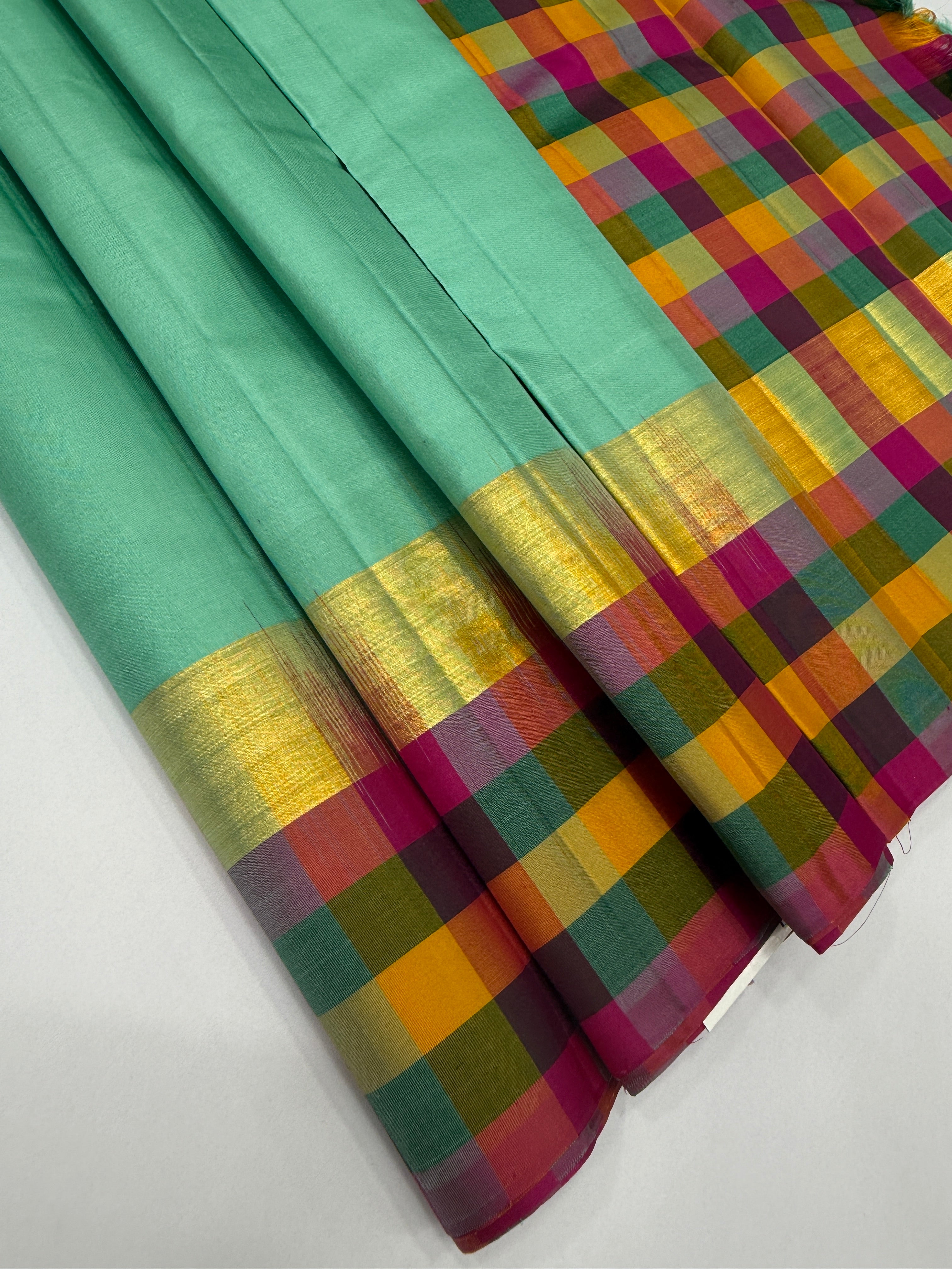 VSPP32 - turquoise blue color body & multicolor pallu,blouse - Pure silk saree